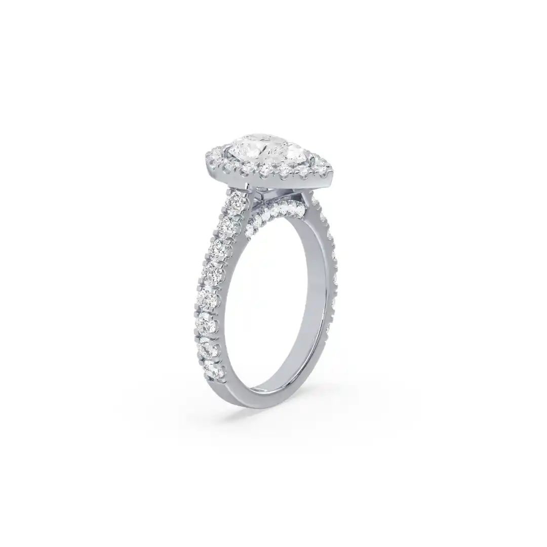 Classic Pear Shape Full Halo Engagement Ring Platinum Gold Side View