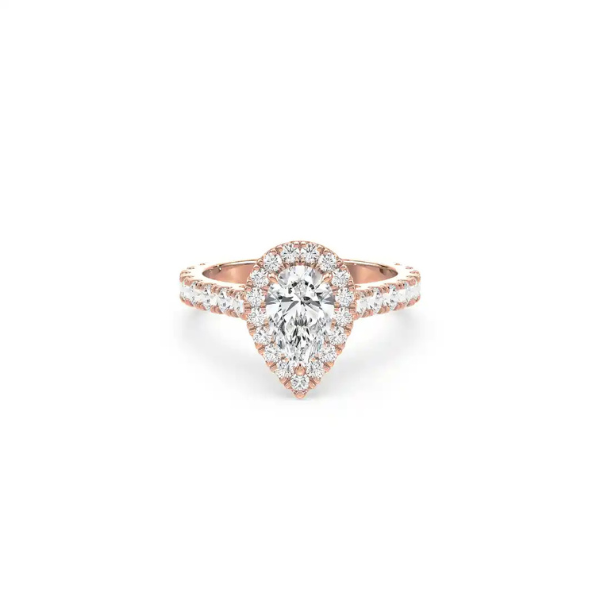 Elegant pear-shaped diamond engagement ring with a full halo and polished gold band.
