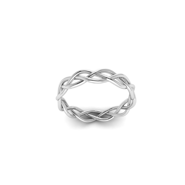 Celtic-inspired white gold braided twist wedding band representing eternal love and unity.