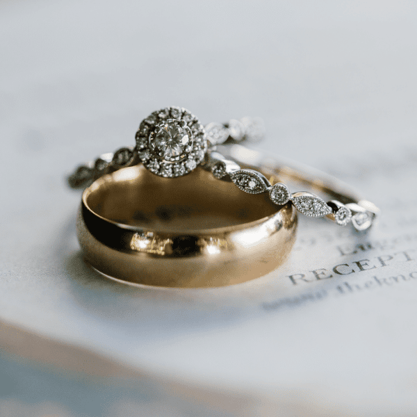 Create a classic wedding stack: Full cushion diamond engagement ring, and gold eternity and wedding bands. Remodel heirloom pieces. Jewellers, SA.
