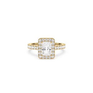 Custom emerald cut diamond engagement ring with a shimmering pav&eacute; halo and platinum setting.