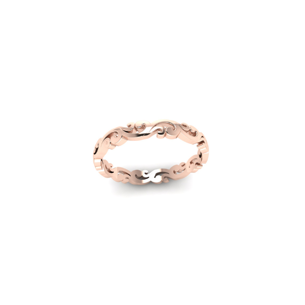 Vintage-style rose gold scroll design ring with intricate Victorian-inspired floral engravings.