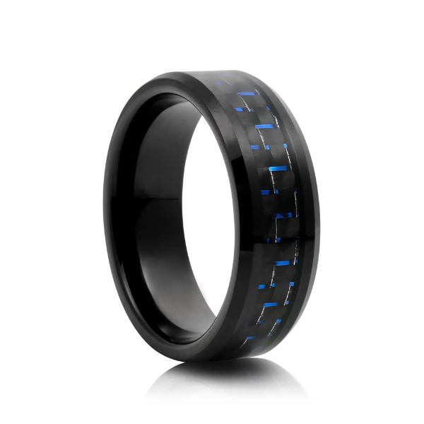 A black tungsten carbide mens wedding ring with vibrant blue fibre inlays.