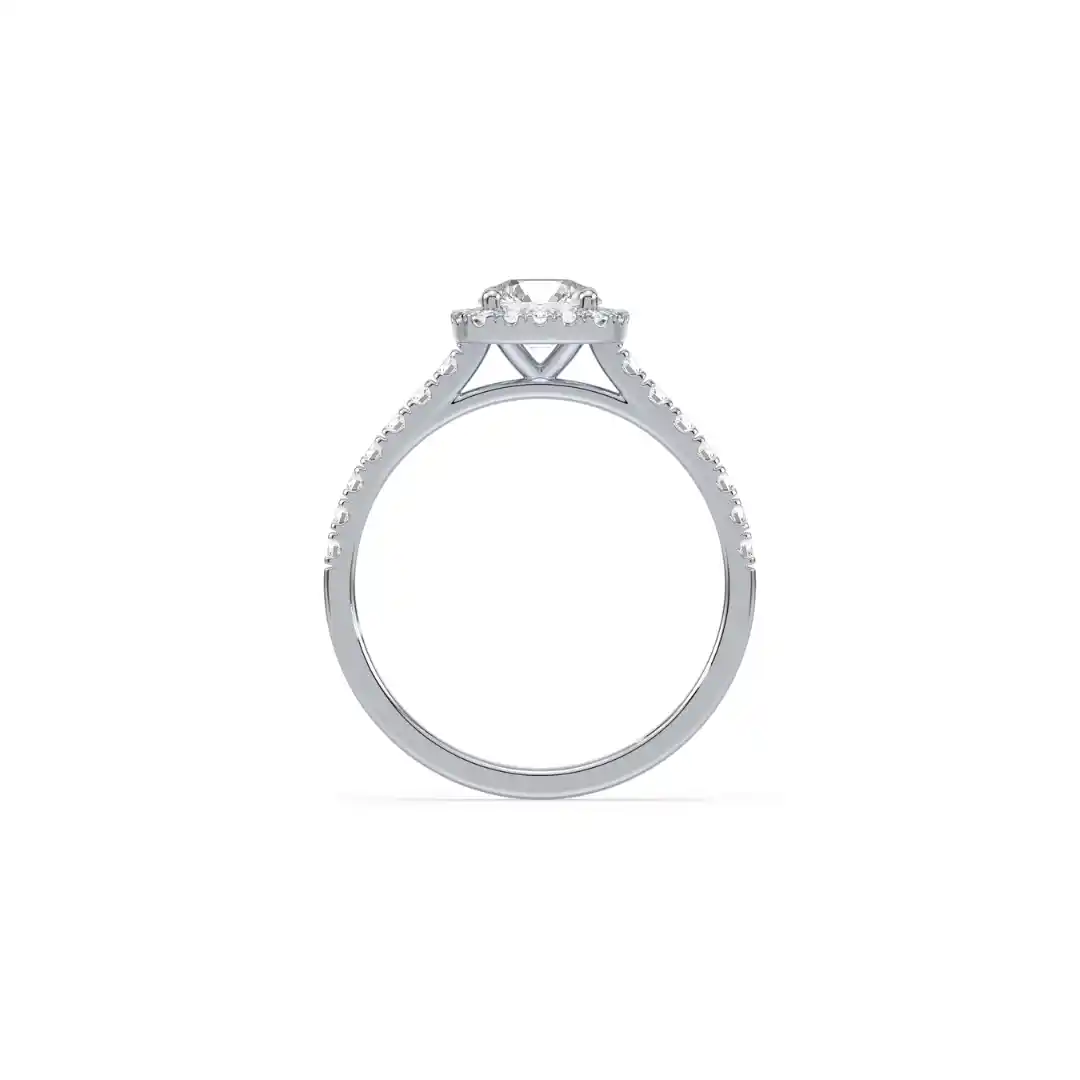 Brilliant round diamond centred in a beautiful cushion halo design. Side view.